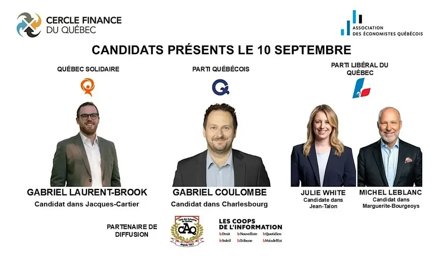 Candidats présents le 10 septembre : Gabriel Laurent-Brook (QS), Gabriel Coulombe (PQ), Julie White et Michel Leblanc (PLQ)